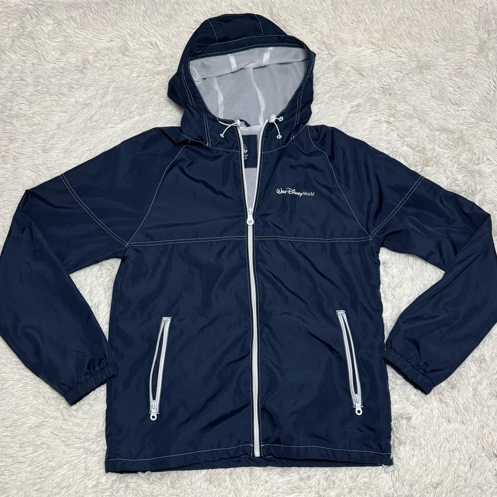 Walt Disney World Parks Jacket Windbreaker Rain Coat Hooded Zip Up BLUE Men’s S